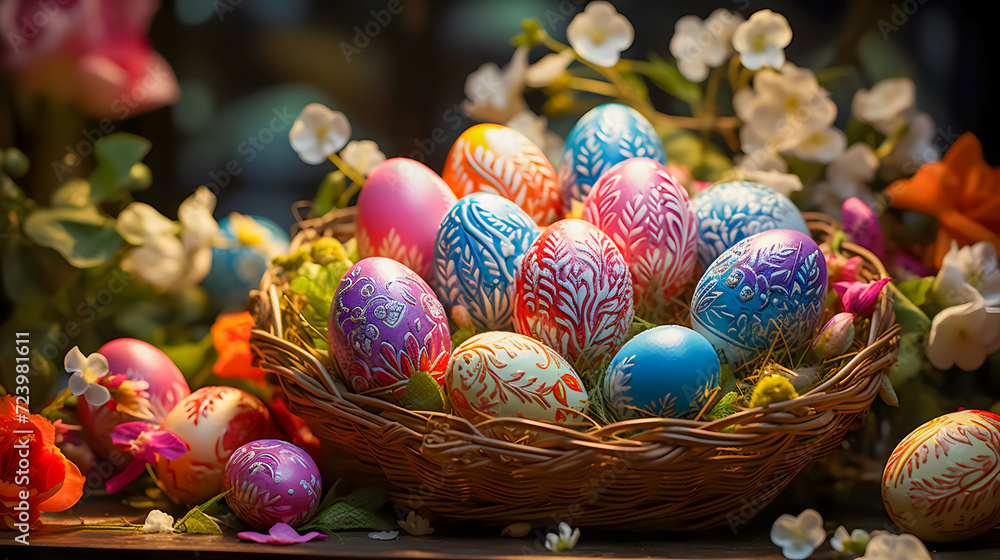 Easter eggs with a unique pattern in a wooden basket (Generative AI)