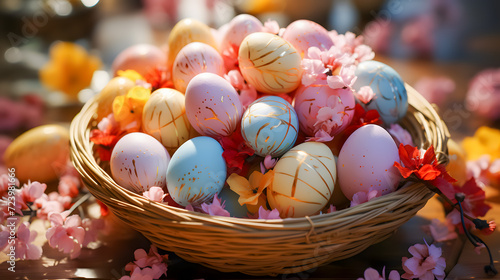 Obraz na płótnie Easter eggs with a unique pattern in a wooden basket (Generative AI) w salonie