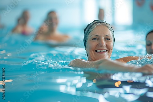 Active mature women enjoying aqua gym class in a pool © sofian