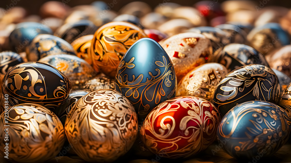 Easter eggs with a shiny metallic pattern (Generative AI)