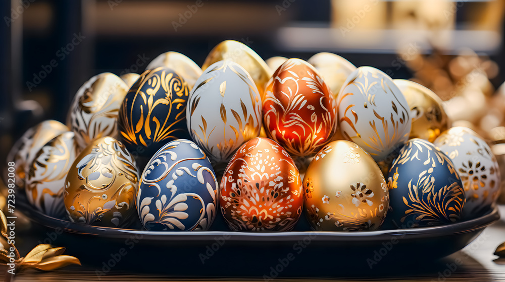 Easter eggs with a shiny metallic pattern (Generative AI)