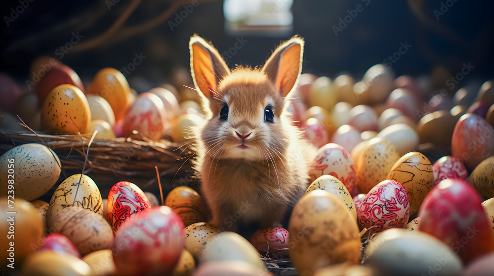 a cute little Easter bunny between Easter eggs (Generative AI)