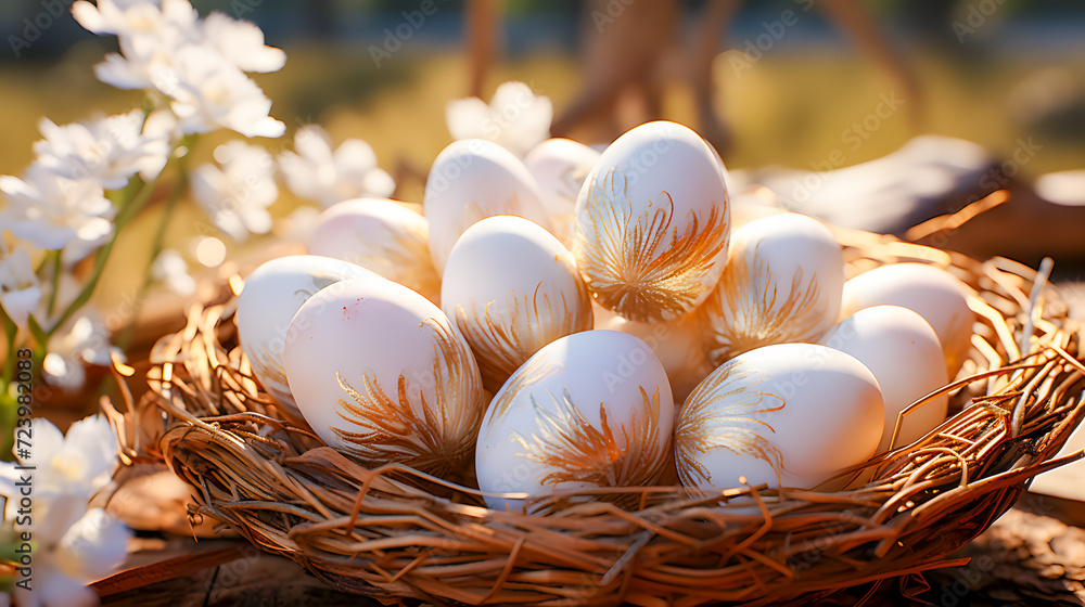 Easter eggs in a wooden basket (Generative AI)