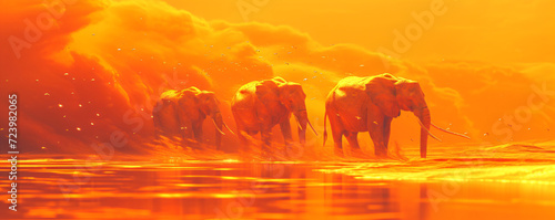 African elephants walking through the savanna plains on sunset or sunrise. Wild nature, Kenya panoramic view. Black history month concept. World rhino day. Animal protection © ratatosk