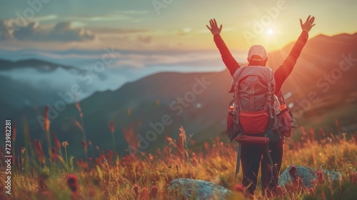 Person Celebrating Success on Top of Mountain With Arms Raised Generative AI