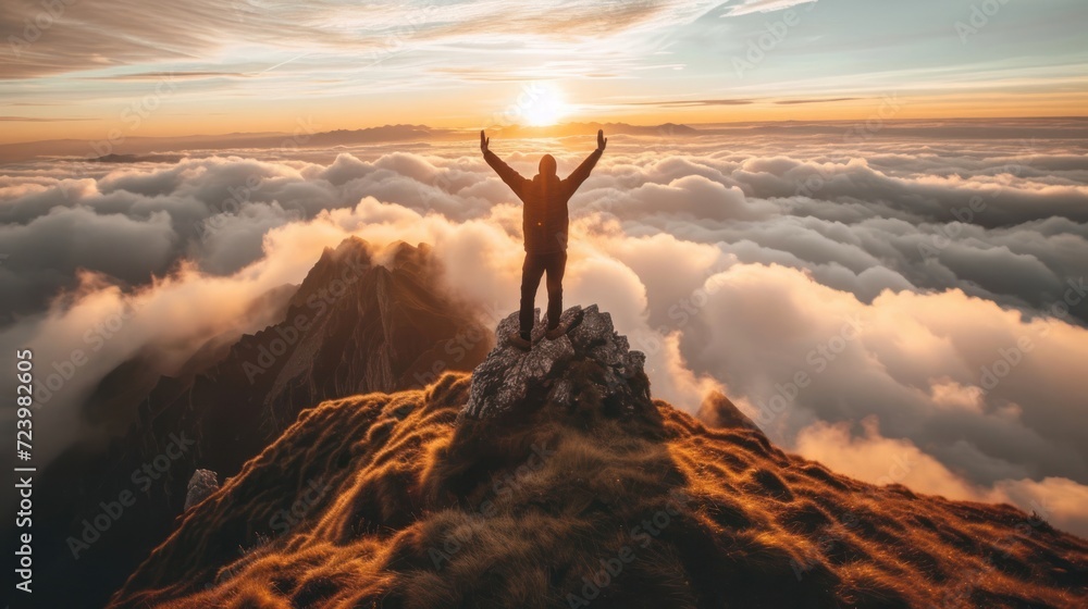 Man Celebrating on Top of a Mountain With Raised Arms Generative AI