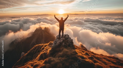 Man Celebrating on Top of a Mountain With Raised Arms Generative AI