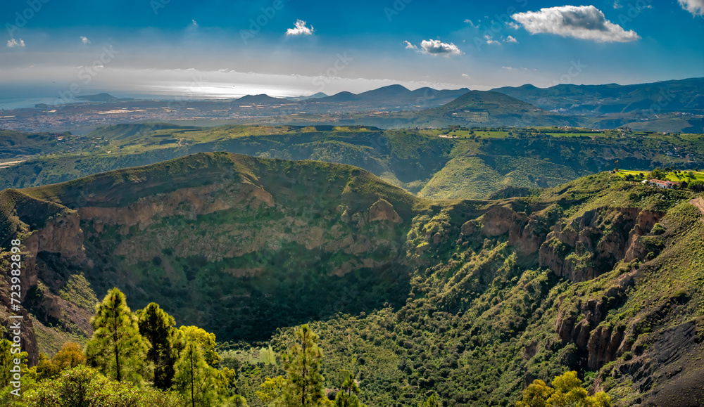 The collpased Bandama caldera now covered in lush vegetation, Gran Canaria, Canary Islands, Spain