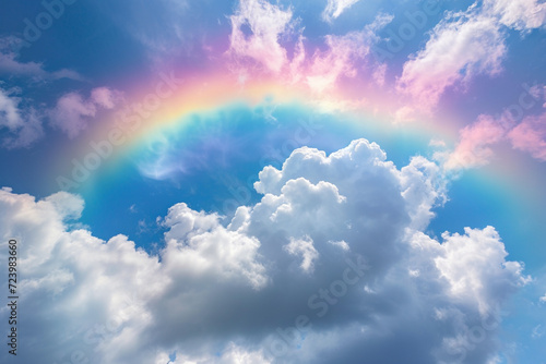 Rainbow in a cloudy blue sky.