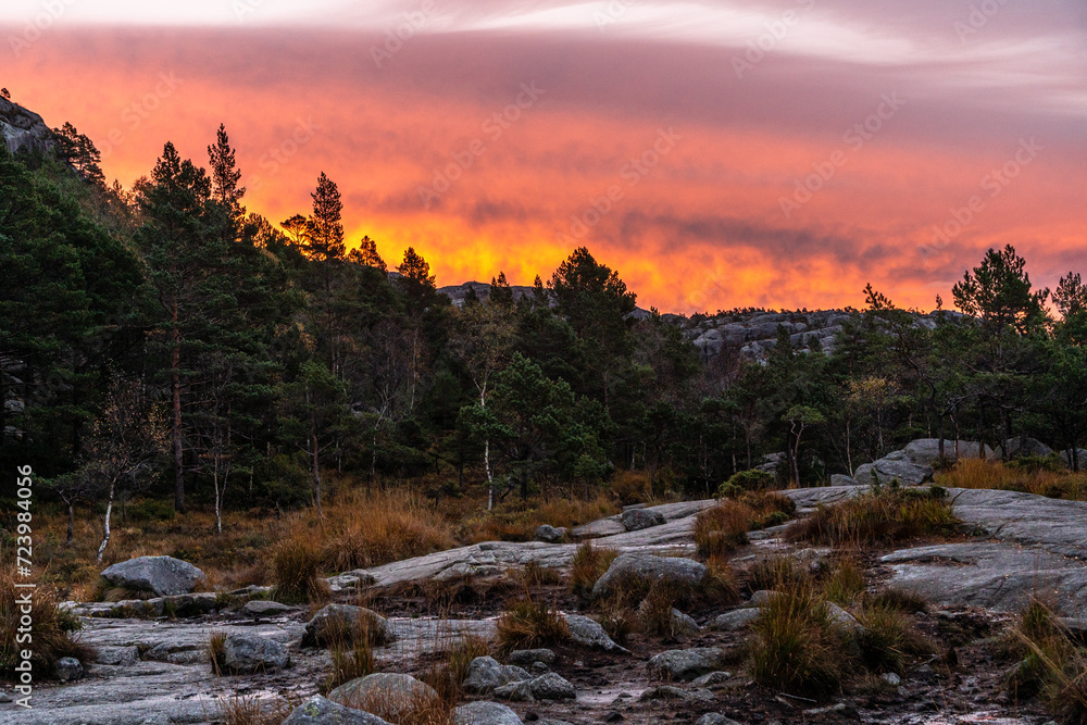 The hiking path up to Preikestolen during sunrise The hiking path up to Preikestolen during sunrise