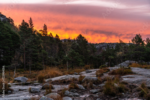 The hiking path up to Preikestolen during sunrise