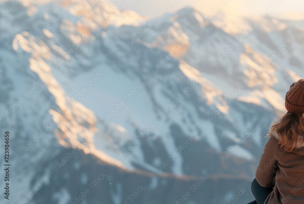 Woman Standing on Mountain Peak Covered in Snow Generative AI