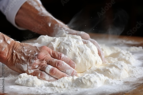 Close-up image of hands kneading dough for bread and rolls with simple neutral background