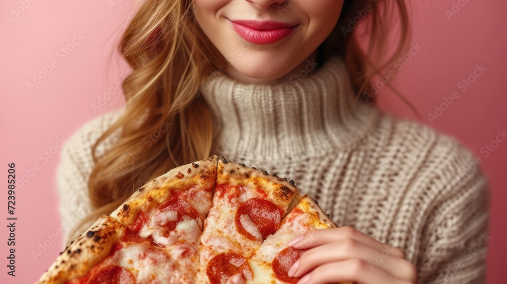 Smiling Woman Holding a Pizza, A Delicious Pepperoni Pizza, Pizza and Smiles: The Perfect Combination, The Joy of Sharing Pizza with Friends.