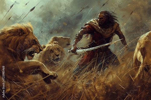 Assirian warrior hunting lions photo