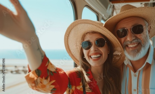 Couple Wearing Sunglasses and Hats Taking Selfie on Vacation Getaway Generative AI