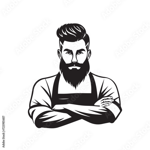 Hand drawn portrait of bearded man with crossed arms. Hipster ink sketch. Logotype vector illustration.