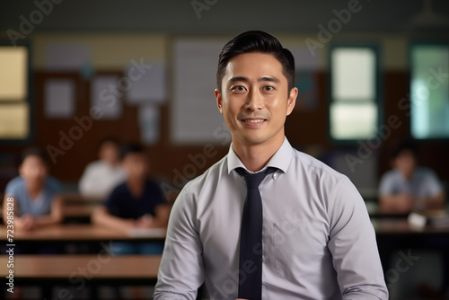  Smiling asian men teacher in a classroom. Asian teacher in a room. Men teacher. Back to School. School holidays At work. AI.