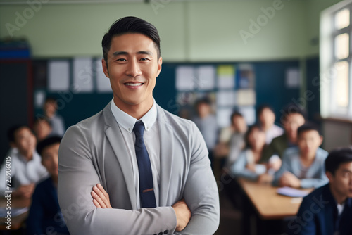  Smiling asian men teacher in a classroom. Asian teacher in a room. Men teacher. Back to School. School holidays At work. AI. photo