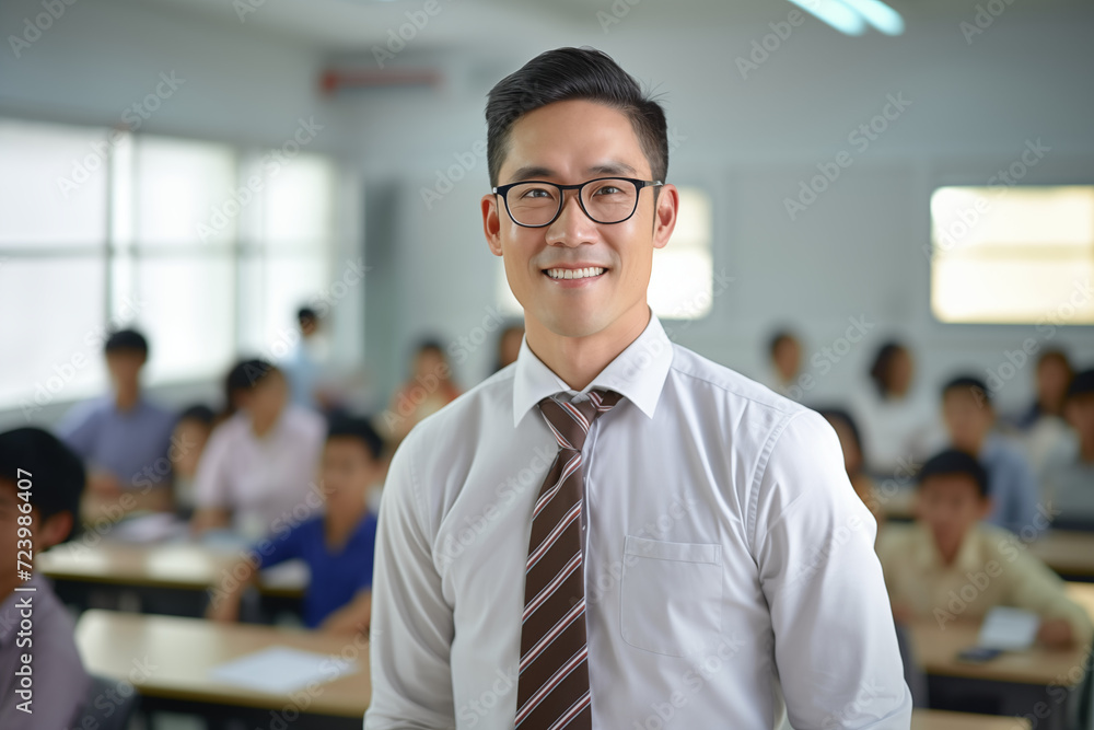 Fototapeta premium Smiling asian men teacher in a classroom. Asian teacher in a room. Men teacher. Back to School. School holidays At work. AI.