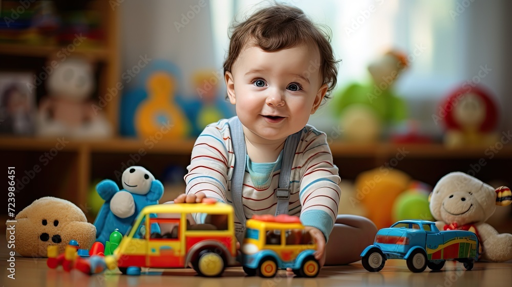 Cute little baby playing with his toys in the house. Enjoy and happy. Toys to enhance child development Cute little baby playing with his toys in the house. Enjoy and happy. Toys to enhance child development