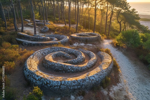 Aerial view of a Snake Sculpture at sunrise in Saint-Brevins-les-Pins, Loire Atlantique, France. photo