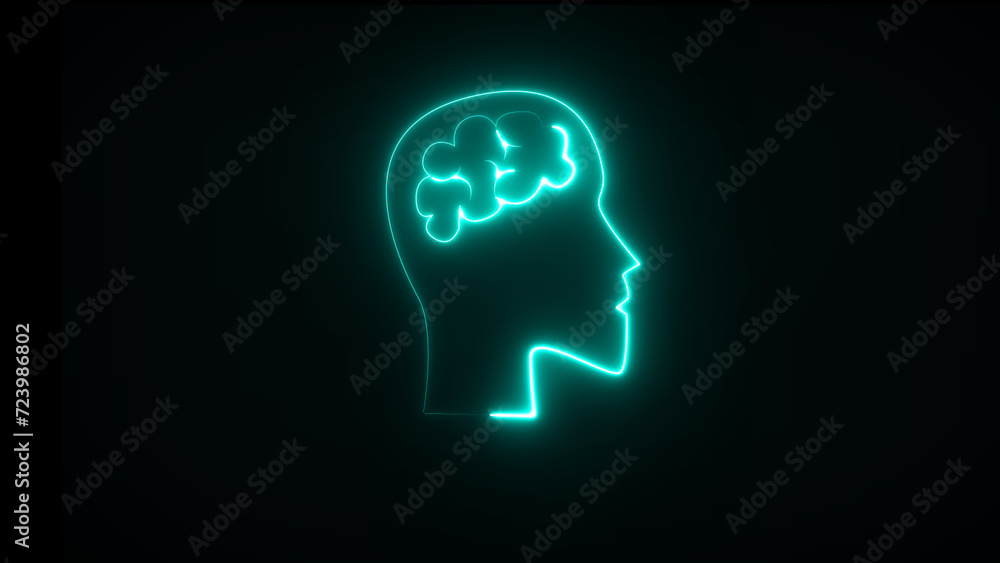 Human head with neon brain emblem, medicine, sign, human body part, and human brain. Human head with neon brain emblem, medicine, sign, human body part, and human brain.