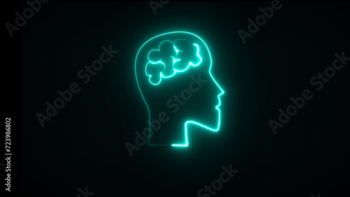 Human head with neon brain emblem, medicine, sign, human body part, and human brain.