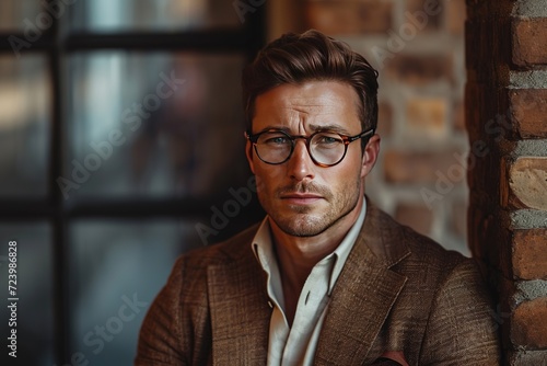 A fashionable male model in a brown suit and stylish glasses