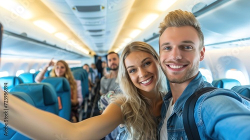 Couple Taking Selfie on Airplane Celebrating Vacation Getaway Generative AI