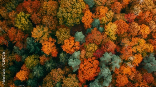 Aerial View of Colorful Autumn Forest with Vibrant Orange and Red Trees AI Generated.