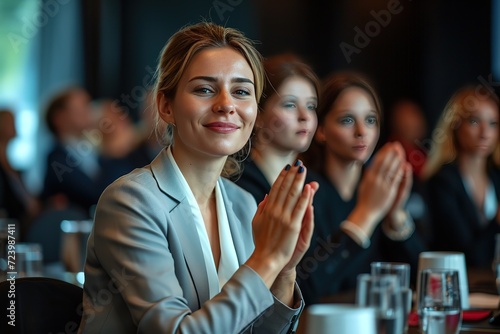 Business woman giving presentation with attendees clapping hands. Business people applauding after successful presentation.