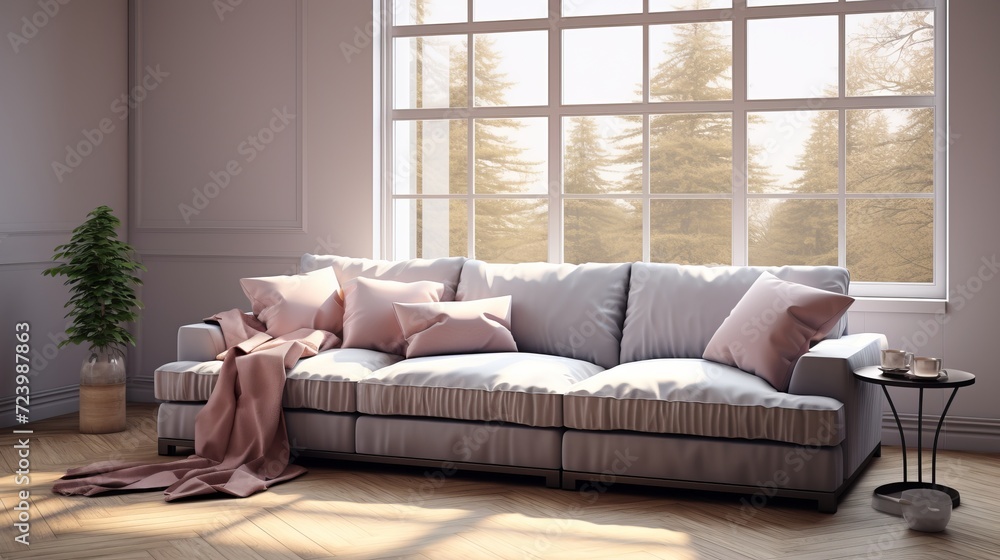 Fototapeta premium Modern gray sofa with cushions in spacious living room - ideal for text/design elements