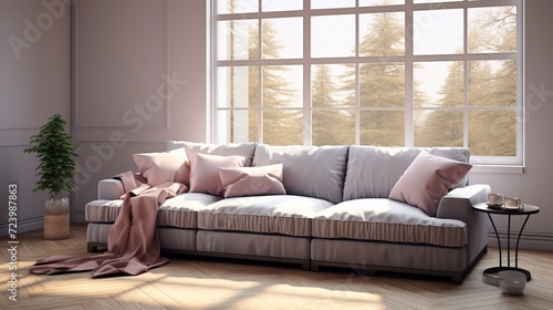 Modern gray sofa with cushions in spacious living room - ideal for text/design elements