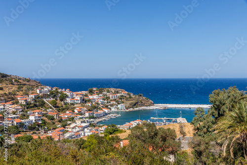 View of the port of Evdilos located in the north of the island of Ikaria in Greece.