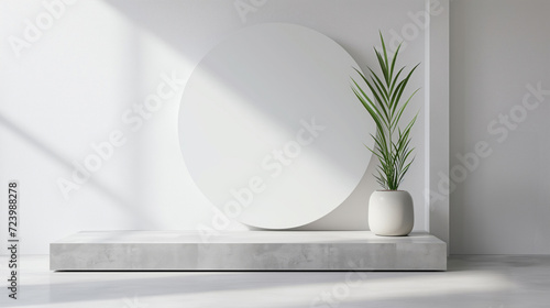 Minimalist interior design with podium and green plant, for product display. White archtecture. photo