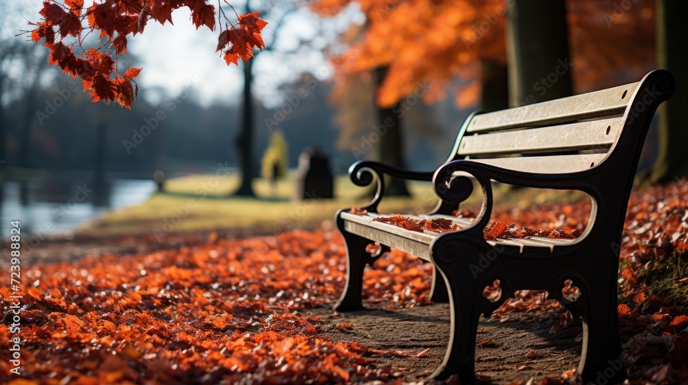 shot of a wooden bench in an autumnal park UHD Wallpaper