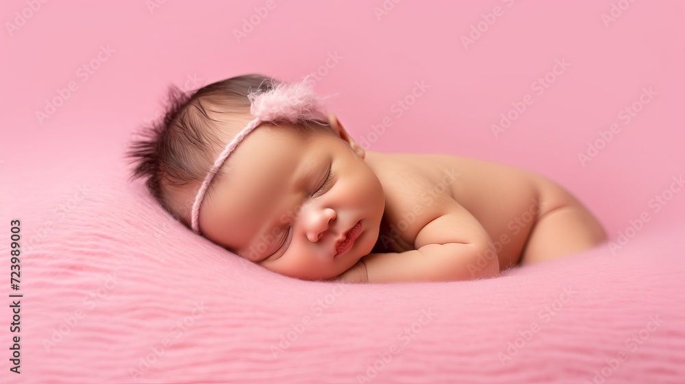 a baby in soft pink tones, a sleeping child with a decoration in the form of a soft headband. Concept: baby care, clothing and accessories for little ones, newborns and motherhood
a baby in soft pink tones, a sleeping child with a decoration in the form of a soft headband. Concept: baby care, clothing and accessories for little ones, newborns and motherhood