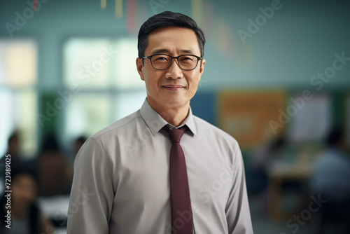 Smiling asian men teacher in a classroom. Mature teacher. Asian teacher in a room. Men teacher. Back to School. School holidays At work. AI.