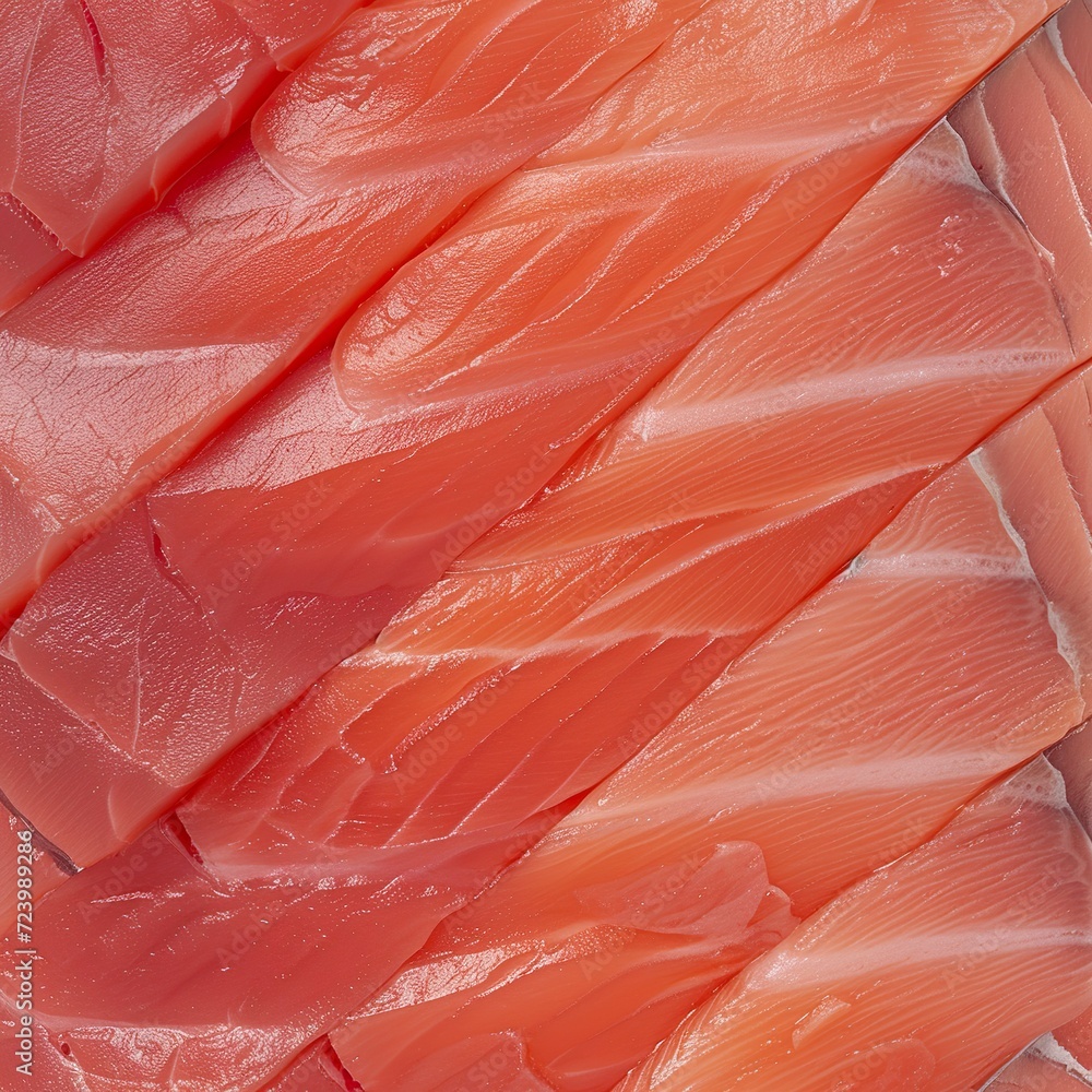 A background with hamachi sushi texture. Detailed texture of raw hamachi sushi in high definition. Raw fish covering the entire image.