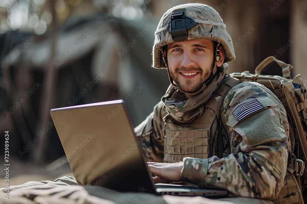 Smiling army man working on laptop at base