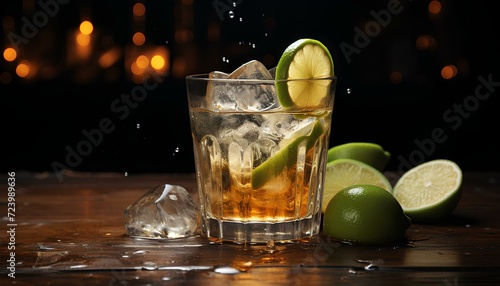 whiskey with ice. cocktail with ice and lime. cocktail with lime. glass of alcoholic beverage with lime in a moody bar. glass of cola and rum on a wooden table with ice
