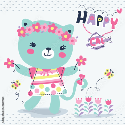 Happy cute cat girl wearing dress holding flower playing in a summer garden on polka dot background illustration vector.