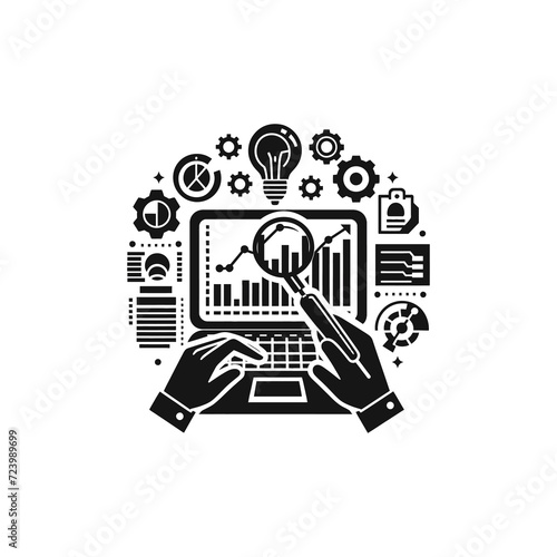Magnifying glass analyzing data icon, graph analysis business icon vector