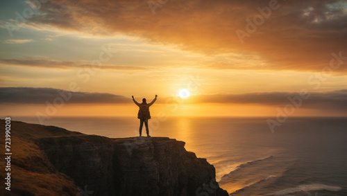 person standing on top of a mountain with arms towards the sky at sunset 