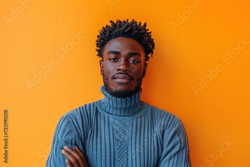Stylish black man in blue jumper on orange background