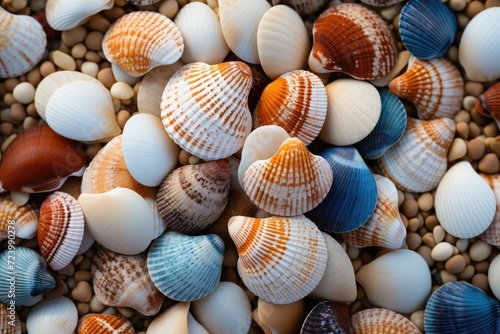 Minimal seashells aesthetic summer background. Seashells backdrop with shadows, bohemian summer poster for cozy home interior