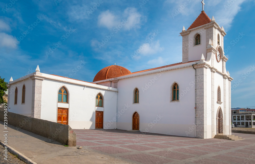 The colonial era church in the fishing town of Tarrafal on the northern coast of the island of Santiago Island, Cape Verde Islands (Cabo Verde)