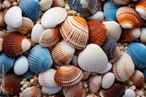 Minimal seashells aesthetic summer background. Seashells backdrop with shadows  bohemian summer poster for cozy home interior