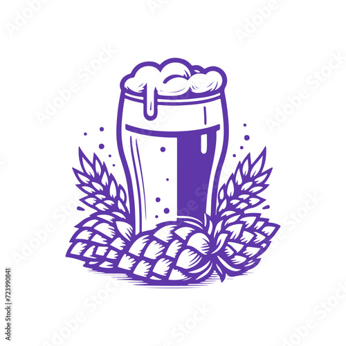 Beer Glass and Hops with Barley. Vector Monochrome Illustration on White Background.